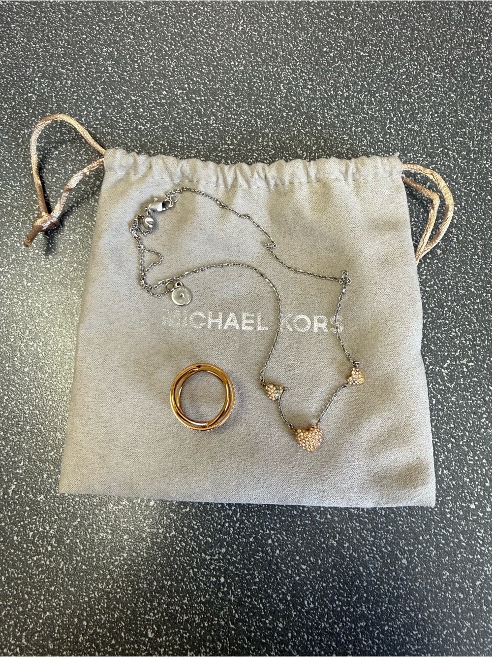 Michael Kors Rose Gold & Silver Triple Heart pave Necklace and ring set
